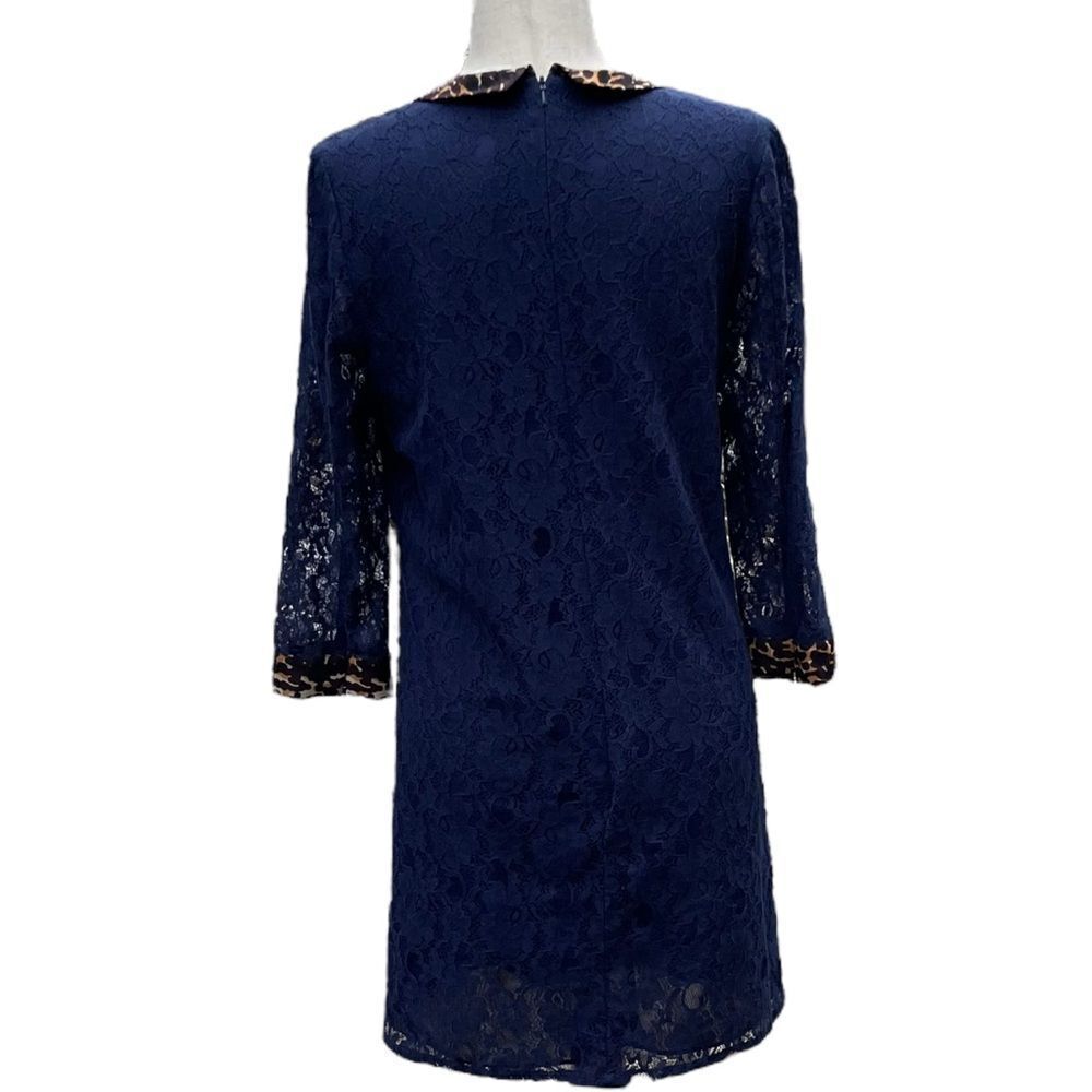 Whistles Navy Blue Lace Mini Dress Animal Print Leopard Silk Collar Cuff Trim - Picture 6 of 8